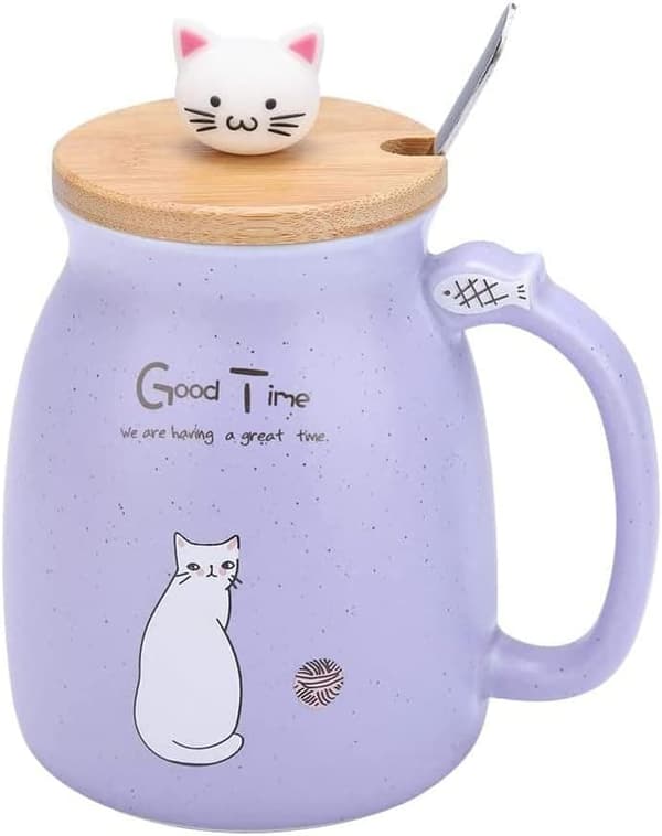 OBOSOE Kattmugg Söt Keramisk Kaffekopp, Nyhet Morgonmugg med Trälock och Rostfritt Stål för Te, Mjölk, 450 ml