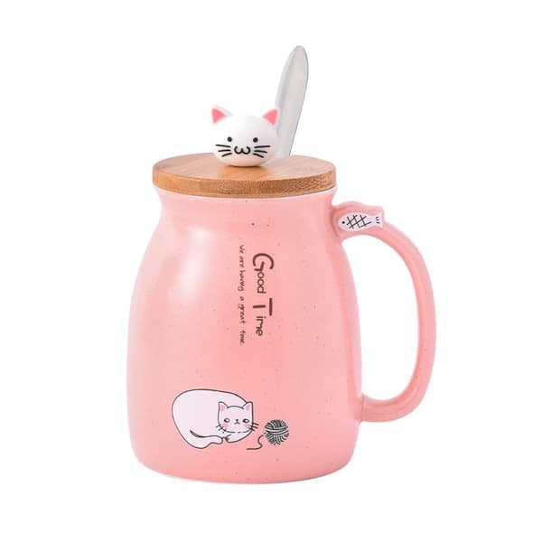 OBOSOE Kissan muki söpö keraaminen kahvikuppi, uusi aamumuki puisella kannella ja ruostumattomasta teräksestä teetä, maitoa, 450 ml Pinkki