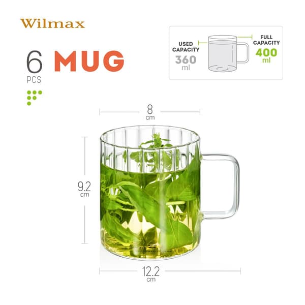 Wilmax Termoglas med handtag - Set om 6 - 400 ml - Räfflade glasglas