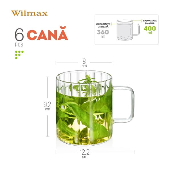 Wilmax Termoglas med handtag - Set om 6 - 400 ml - Räfflade glasglas