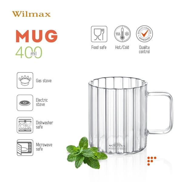 Wilmax Termoglas med handtag - Set om 6 - 400 ml - Räfflade glasglas