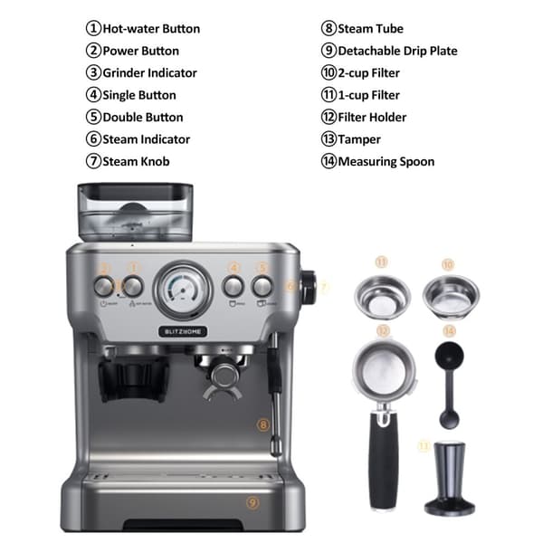 BH-CMM5 1620W 20Bar professionell espressomaskin Kaffebryggare PID Smart Temperature Control Conical Burr Grinder