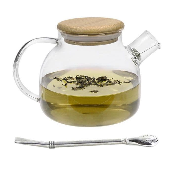Tekanna av glas och bambu 1 L + sugrör i rostfritt stål med filter