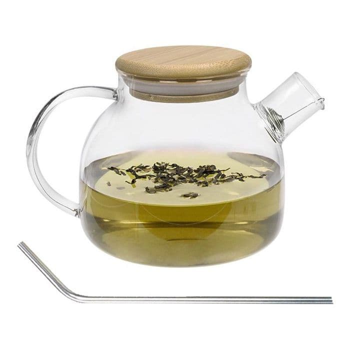 Tekanna av glas och bambu 1 L + 4 sugrör i rostfritt stål