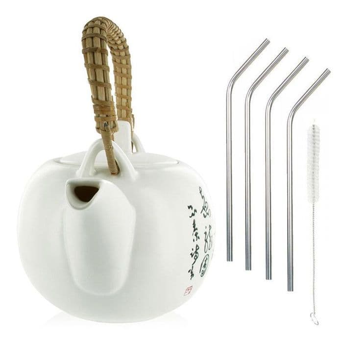 Jiangxi tekanna i lergods 1 liter + 4 sugrör i rostfritt stål