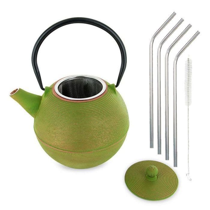 Ming tekanna i gjutjärn + 4 sugrör i rostfritt stål