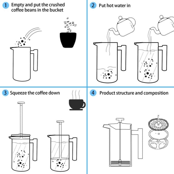 Kaffekanna i SILVER 1 l kaffebryggare enligt det franska pressystemet av rostfritt stål med filter av rostfritt stål presskanna kaffepress