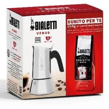 Italiensk kaffebryggare + 1 kaffe Perfetto Moka Classico - BIALETTI - VENUS - 6 koppar - 0,30 L - Förpackning med 250 g - Silver
