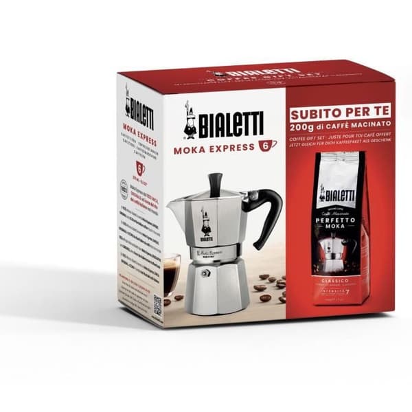 Italiensk kaffebryggare + 1 kaffe Perfetto Moka Classico - BIALETTI - MOKA - 6 koppar - 0,30 L - Förpackning med 250 g - Silver