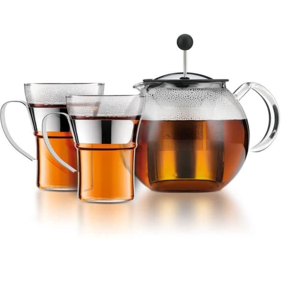 Fransk presstekanna - BODUM - ASSAM SET - 1,0 l med lock, rostfritt stålfilter + 2 glasmuggar med rostfritt stålhandtag 0,35 l