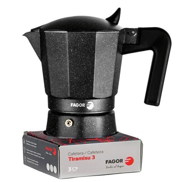 Italiensk espressobryggare i aluminium, 12 koppar kaffe, glaskeramik, gas FAGOR Tiramisú Svart 00437