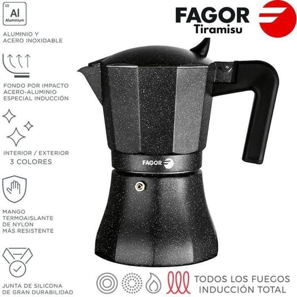 Italiensk espressobryggare i aluminium, 12 koppar kaffe, glaskeramik, gas FAGOR Tiramisú Svart 00437