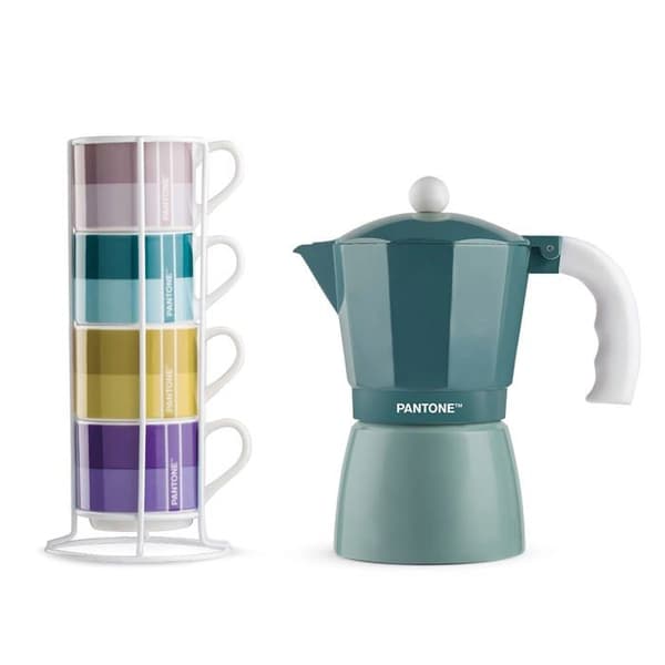 Egan - PTCUP/6BE - Set med 4 stapelbara kaffekoppar i metall/rack Pantone Linear + Moka Blå 6 koppar