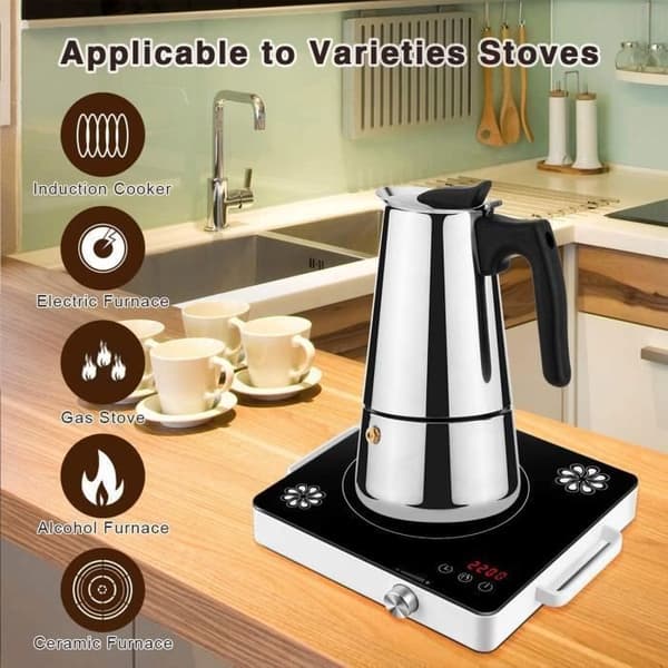 Kaffebryggare av italiensk typ med bönor, köksaccessoar för kaffe, te, café au lait, solid design, grå färg.
