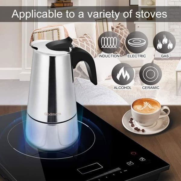 Kaffebryggare av italiensk typ med bönor, köksaccessoar för kaffe, te, café au lait, solid design, grå färg.