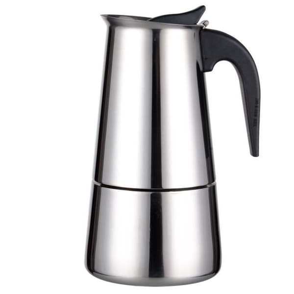 Kaffebryggare av italiensk typ med bönor, köksaccessoar för kaffe, te, café au lait, solid design, grå färg.