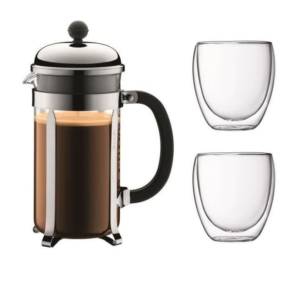BODUM CHAMBORD Set tryckkokare - 8 koppar - 1L - Grå - Med 2 dubbelväggiga glas Pavina 0,35l
