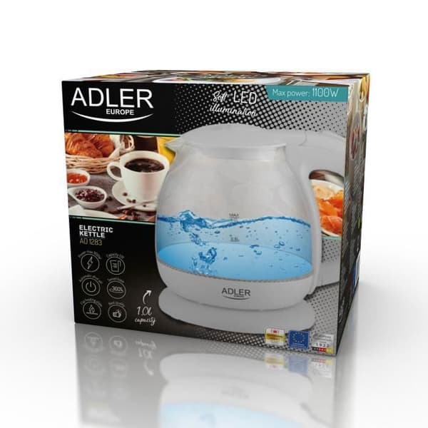 Adler AD 1283G LED vattenkokare i glas 1,0L Grå