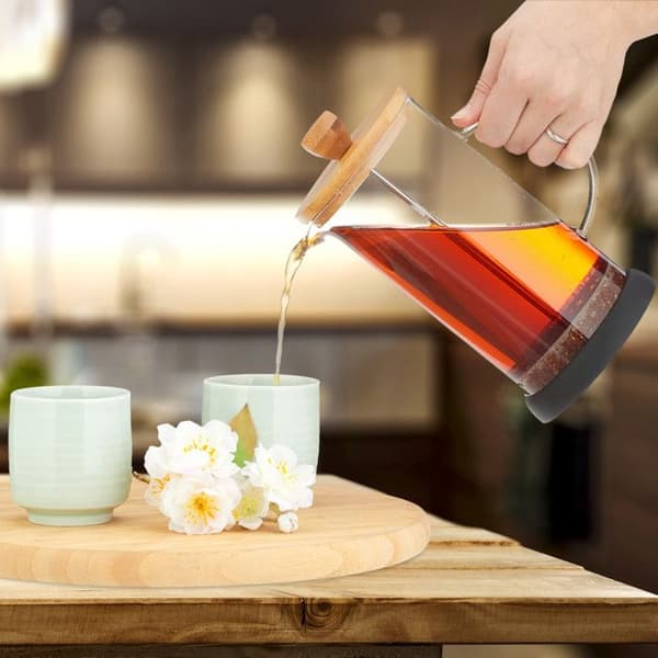 Relaxdays Kaffekanna, manuell kaffemaskin, sil, 800 ml, glassteekanna med bambulock, transparent / natur