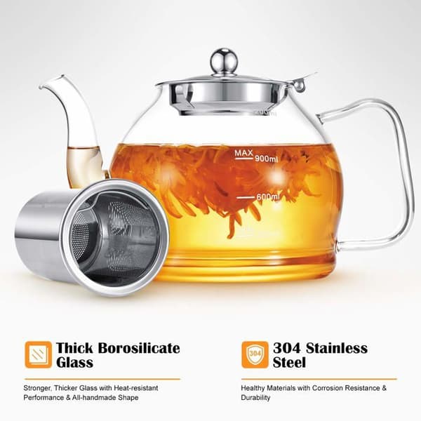Stntus innovationer 1200ml Glaskanna i borosilikat med infusör, lösviktsteapotek, säkert för spishällen