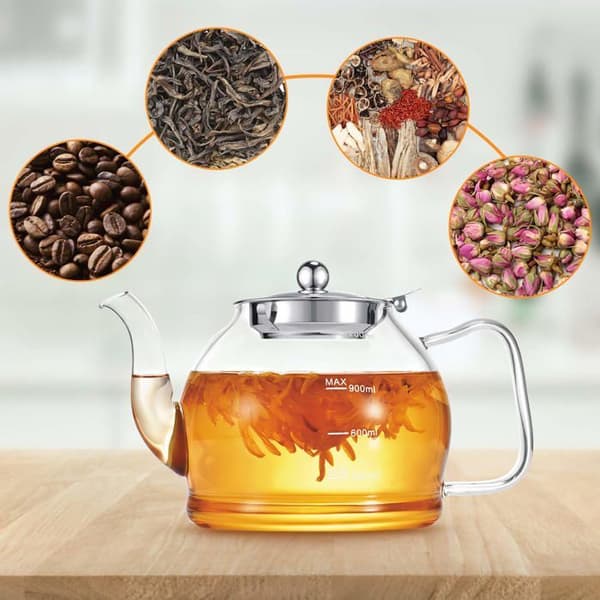 Stntus innovationer 1200ml Glaskanna i borosilikat med infusör, lösviktsteapotek, säkert för spishällen