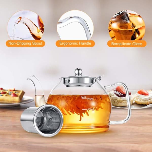 Stntus innovationer 1200ml Glaskanna i borosilikat med infusör, lösviktsteapotek, säkert för spishällen