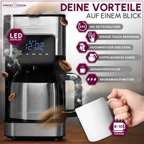 Profi Cook PC-KA 1191 Kaffebryggare Svart, Rostfritt stål Kapacitet Koppar=10 Isolerad kanna