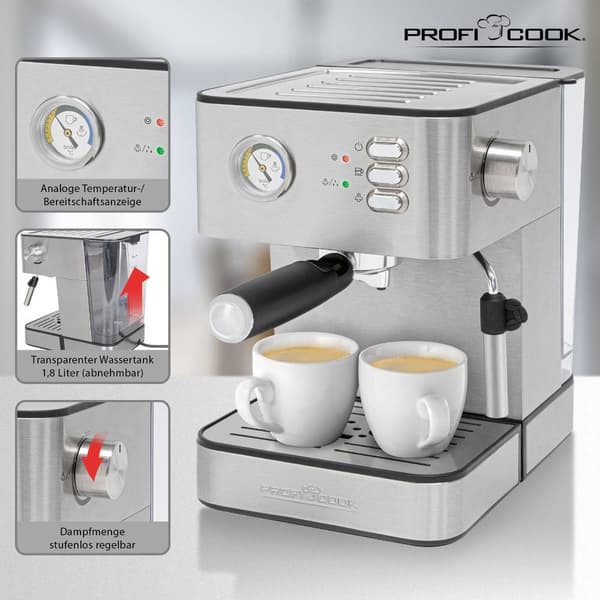 Profi Cook PC-ES 1209 Espressomaskin med filterhållare Rostfritt stål 850 W