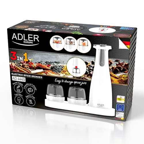 AD 4449 hvid Krydderi-, salt- og peberkværn - Sæt med 3 kværne - USB