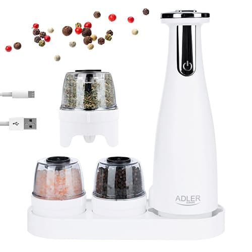 AD 4449 hvid Krydderi-, salt- og peberkværn - Sæt med 3 kværne - USB