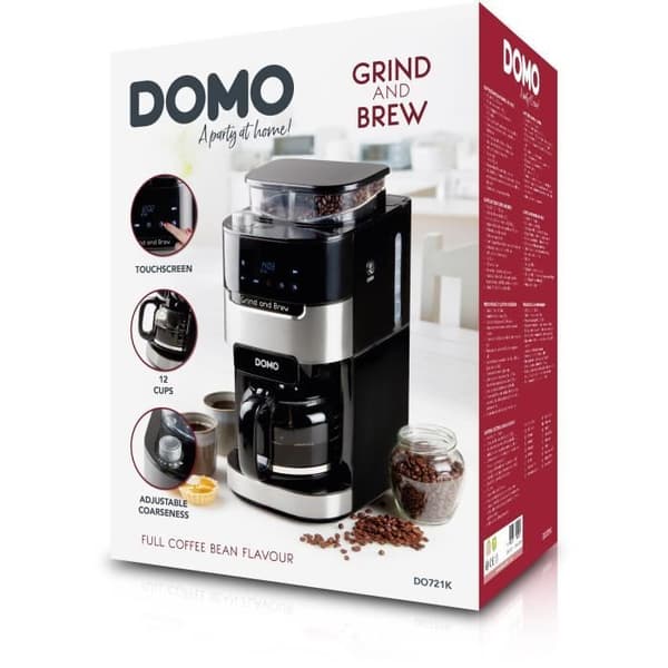 DOMO DO721K - 1,5L kaffebryggare - 12 koppar - LCD-display, touchknappar - Integrerad kaffekvarn - Timer - 3 intensiteter
