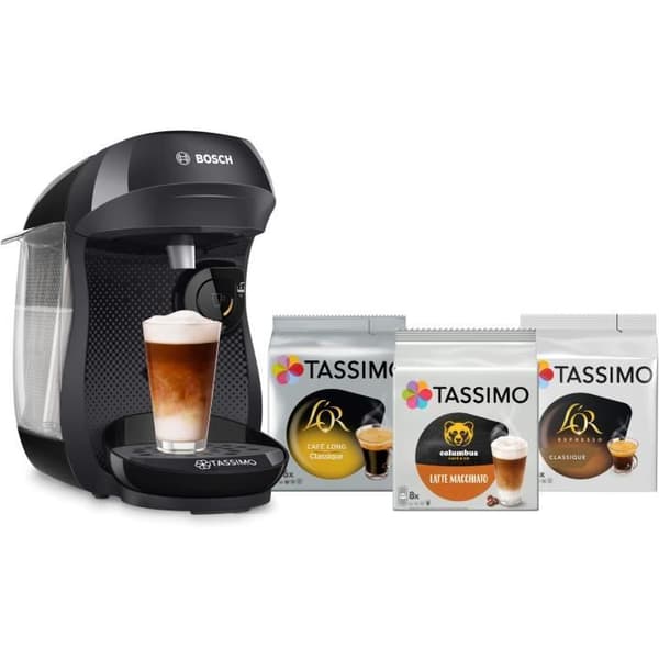 Tassimo Happy musta kahvinkeitin + 3 pakkausta T-levyjä - BOSCH - TAS102EC3
