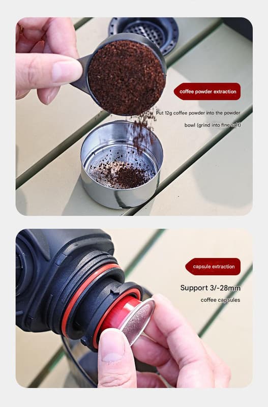 Kannettava käsinpuristettu kahvinkeitin ulkokäyttöön pienelle espressokeittimelle