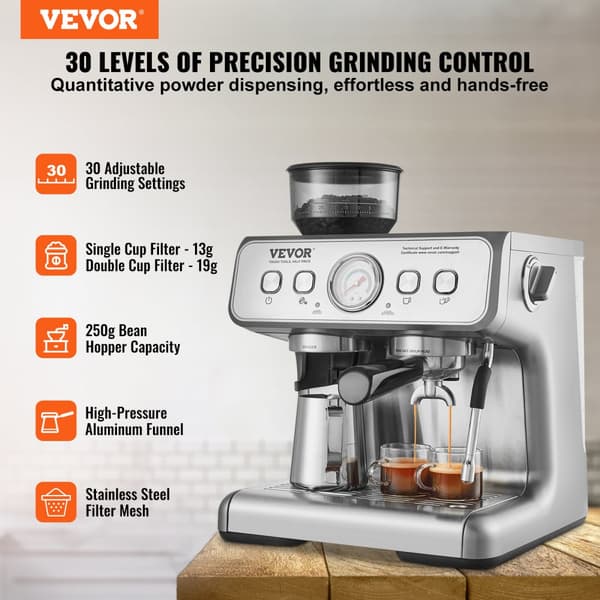Espressokone sisäänrakennetulla jauhatuslaitteella, 15 baarin paine, nopea lämmitys.