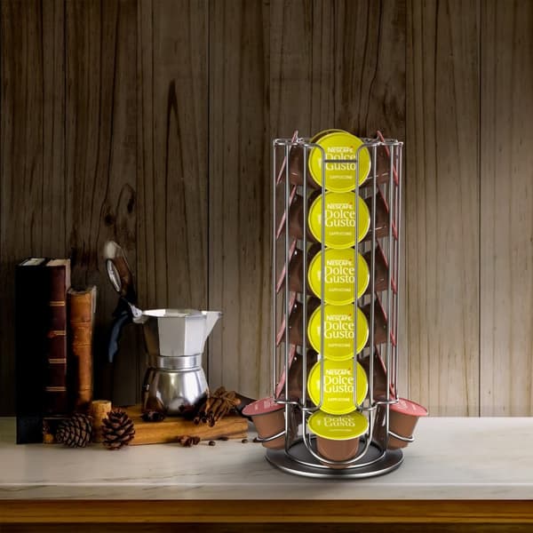 Kaffekapselhållare för 32 kapslar av metall i kromlook - kompatibel med Dolce Gusto-kapslar - förvaring 360 grader roterbar