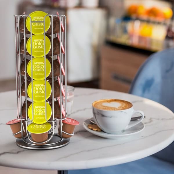 Kaffekapselhållare för 32 kapslar av metall i kromlook - kompatibel med Dolce Gusto-kapslar - förvaring 360 grader roterbar