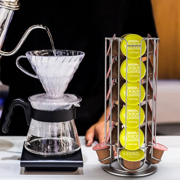 Kaffekapselhållare för 32 kapslar av metall i kromlook - kompatibel med Dolce Gusto-kapslar - förvaring 360 grader roterbar