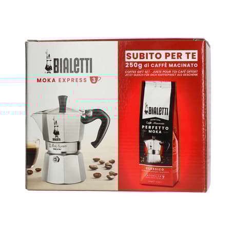 Bialetti Set Moka Express 3tz + Perfetto Moka Classico kahvi 250g