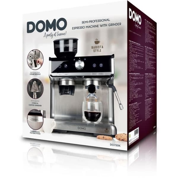 Semiprofessionell espressomaskin med kvarn - DOMO - DO720K - 1500 W - 15 bar - 1 eller 2 koppar - 30 inställningar