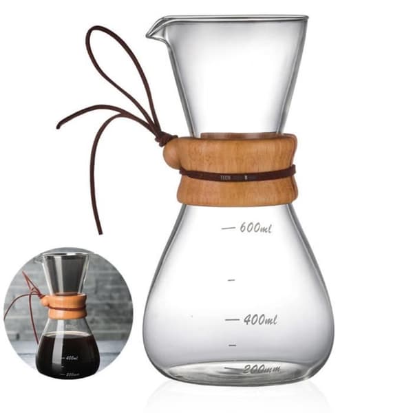 TD® Artisanal kaffebryggare i borosilikatglas värmebeständig kaffebryggare Trähandtag hög temperaturbeständighet 600 ML