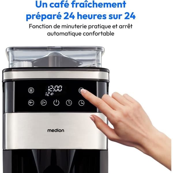 Digital Filter Kaffemaskin med Kvarn - MEDION - 1000W - 1,5L - Silver