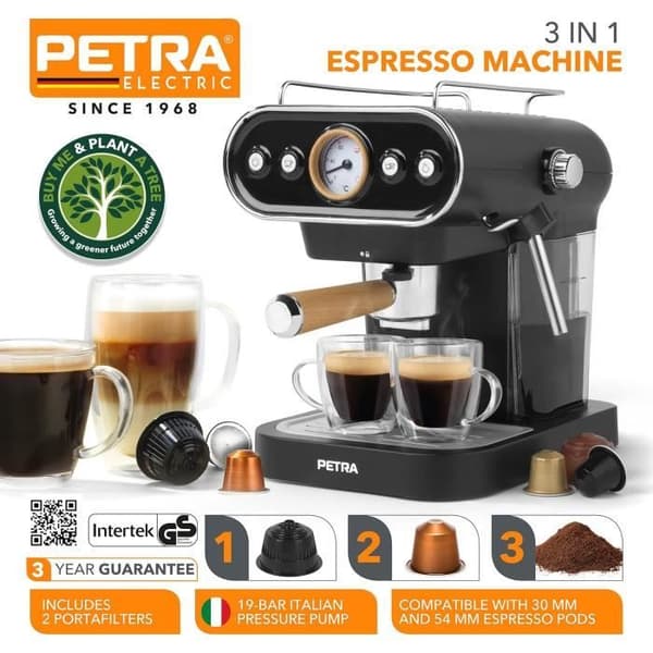 Petra PT5108VDEEU7 3-i-1 Espressomaskin, BPA-fri 1.2L Espressokaffe med dampdyse, Kompatibel med kapsler 3054
