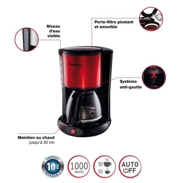 MOULINEX Subito Filter kaffebryggare Röd, 1,25L, 10-15 koppar, Vridbar filterhållare FG360D11