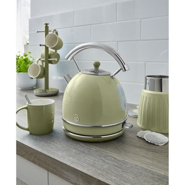 Retro frukostset - SWAN - 1,8L sladdlös vattenkokare, 2 stora skivor brödrost grön