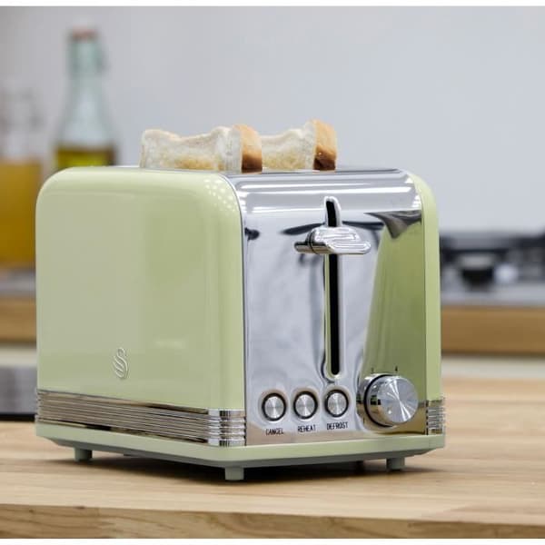 Retro frukostset - SWAN - 1,8L sladdlös vattenkokare, 2 stora skivor brödrost grön