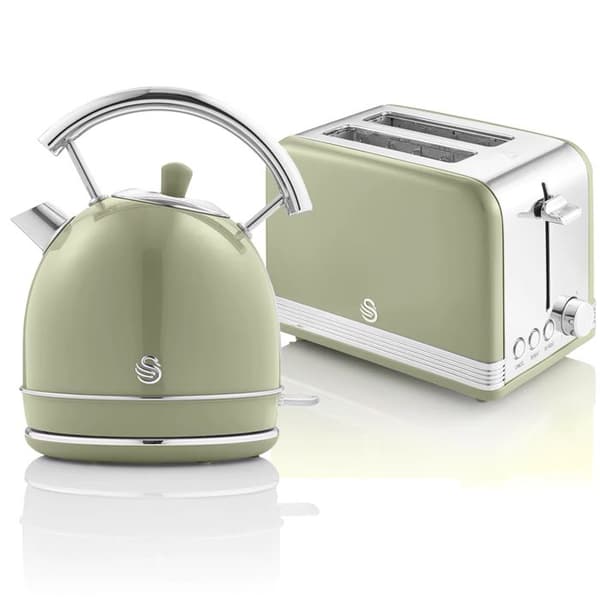 Retro Set Petit-Déjeuner Vattenkokare 1,8L Trådlös, Brödrost för 2 Stora Skivor SWAN STP7050GNEU 850W Grön 57966