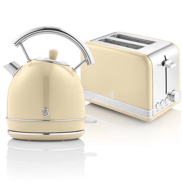 Retro Set Petit-Déjeuner Vattenkokare 1,8L Trådlös, Brödrost 2 Stora Skivor SWAN STP7050CNEU 850W Grädde 57942