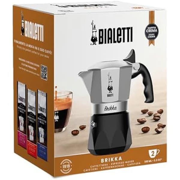 Bialetti New Brikka 2023, Moka-kanna, den enda kaffebryggaren som kan göra krämig espresso, 2 koppar, aluminium och svart