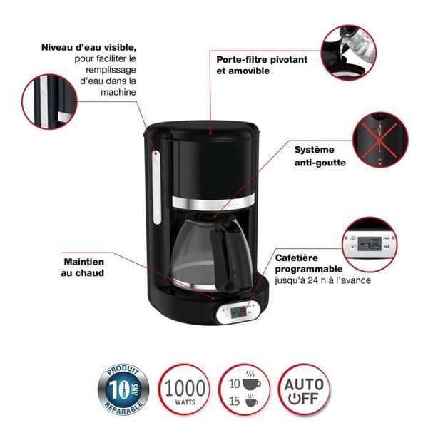 MOULINEX Soleil programmerbar filterkaffebryggare - 10/15 koppar - 1,25 L glaskanna - 1000 W - Svart
