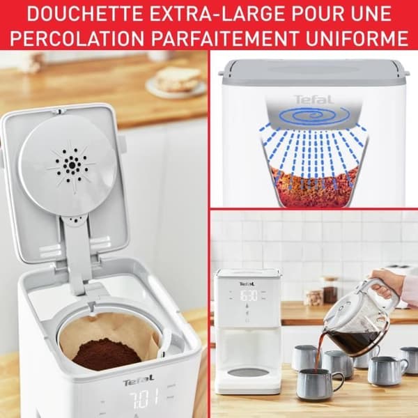 TEFAL SENSE Programmerbar kaffebryggare med filter, vit, digital display, 10-15 koppar, 1,25L, automatisk avstängning 30 minuter CM693110